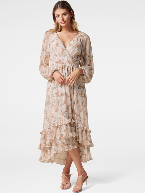 

Forever New Beige Floral Printed Wrap Midi Dress