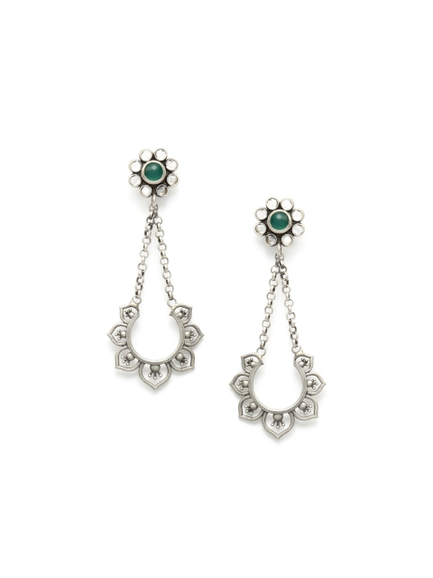 

Fabindia Silver-Toned & Green Contemporary Drop Earrings