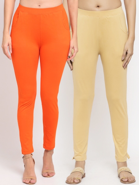 

NEUDIS Women Pack Of 2 Solid Ankle-Length Leggings, Orange