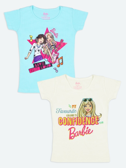 

Barbie Pack Of 2 Girls Turquoise Blue Beige 2 Barbie Printed Pure Cotton T-shirts