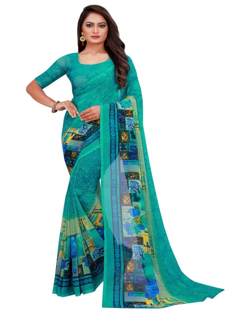 

KALINI Green & Blue Poly Georgette Floral Saree