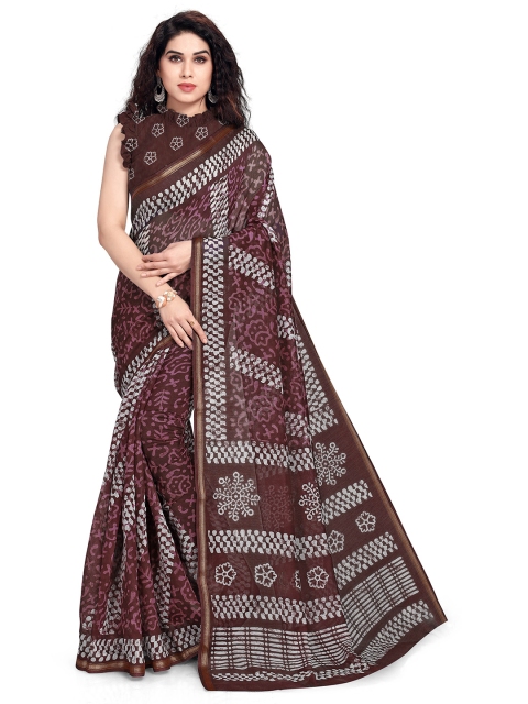 

KALINI Brown & White Batik Ethnic Motifs Polycotton Saree