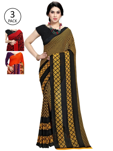 

KALINI Pack of 3 Red & Orange Floral Saree