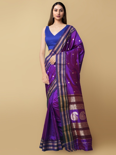 

Unnati Silks Purple & Gold-Toned Floral Zari Silk Cotton Handloom Narayan Peth Saree