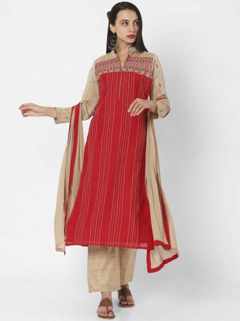 

SALWAR STUDIO Women Red Striped Panelled Kurta with Palazzos & With Dupatta