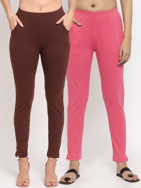 

NEUDIS Women Pack Of 2 Solid Straight-Fit Ankle-Length Leggings, Brown