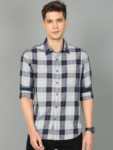 

HERE&NOW Men Grey Slim Fit Tartan Checks Checked Casual Shirt