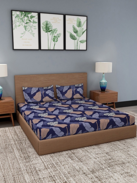 NEUDIS Navy Blue Floral 180 TC Queen Bedsheet with 2 Pillow Covers