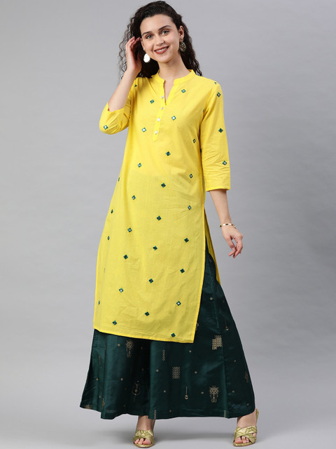 

Anubhutee Women Yellow Embroidered Mirror Work Kurta