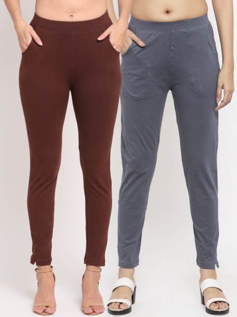 

NEUDIS Women Pack Of 2 Solid Ankle-Length Leggings, Brown