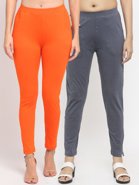 

NEUDIS Women Pack of 2 Solid Ankle-Length Leggings, Orange