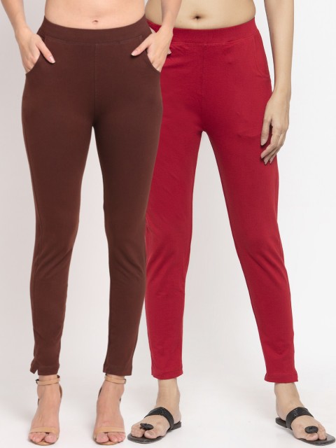 

NEUDIS Women Pack Of 2 Solid Straight-Fit Ankle-Length Leggings, Brown