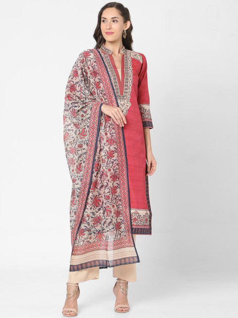 

SALWAR STUDIO Women Pink Ethnic Motifs Striped Kurta with Trousers & With Dupatta