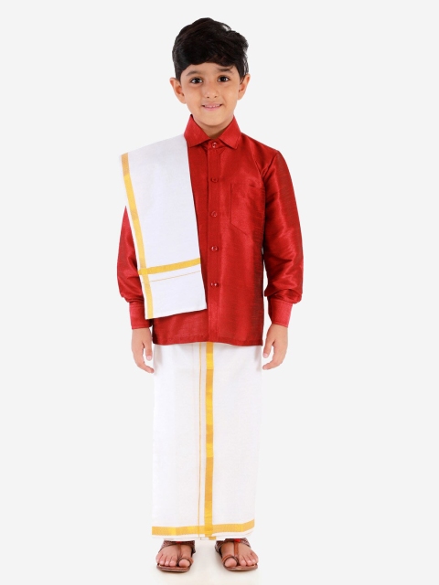 

VASTRAMAY Boys Maroon & White Shirt with Dhoti Pants & Dupatta