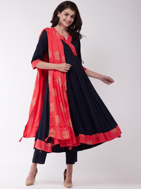 

InWeave Women Navy Blue Angrakha Kurta with Trousers & With Dupatta