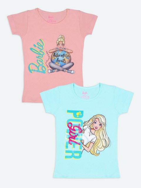 

Barbie Girls Peach-Coloured & Blue 2 Barbie Printed T-shirt