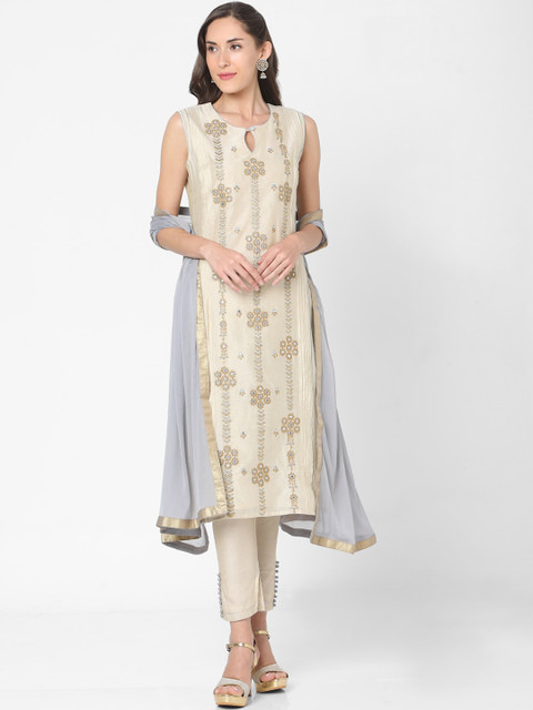 

SALWAR STUDIO Women Beige Floral Embroidered Mirror Work Kurta with Churidar & Dupatta