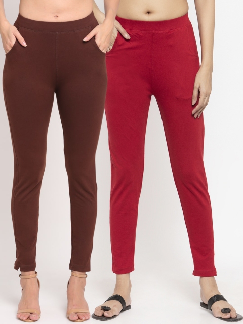 

NEUDIS Women Pack Of 2 Solid Straight-Fit Ankle-Length Leggings, Brown
