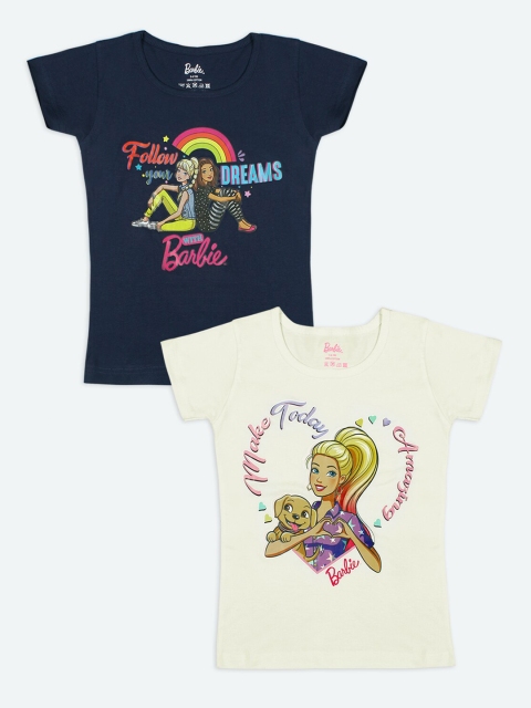 

Barbie Girls Navy Blue & Off White Pack Of 2 Printed Cotton T-shirt