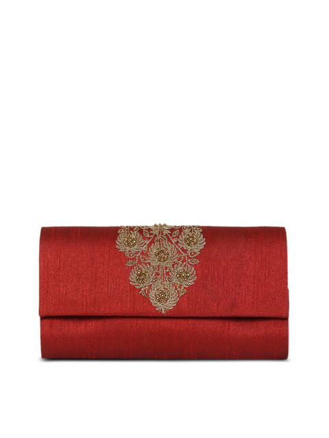 

Fabindia Red & Gold-Toned Embellished Envelope Clutch