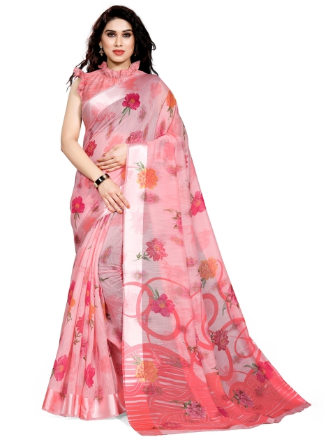 

KALINI Pink & Orange Polycotton Floral Print Saree