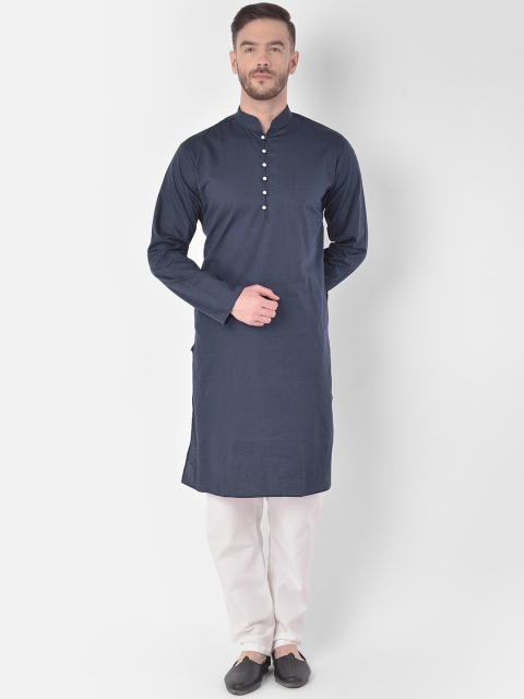 

SG LEMAN Men Navy Blue Pleated Pure Cotton Kurta with Pyjamas