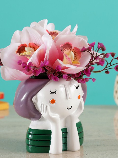 

Ferns N Petals White & Pink Artificial Iris Blossoms Flower With Pot