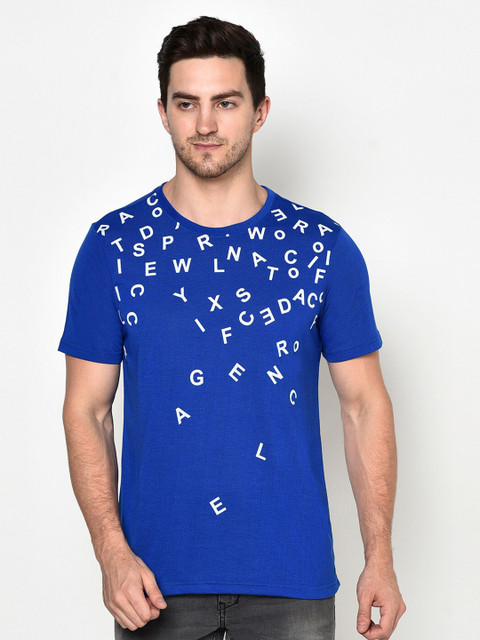 

ELEGANCE Men Blue & White Typography Printed T-shirt