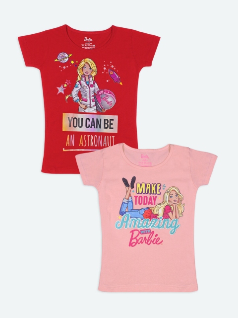 

Barbie Pack Of 2 Girls Red Pink 2 Barbie Printed Pure Cotton T-shirts
