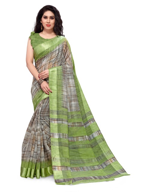 

KALINI Women Green & Brown Ethnic Motif Polycotton Saree With Unstitched Blouse