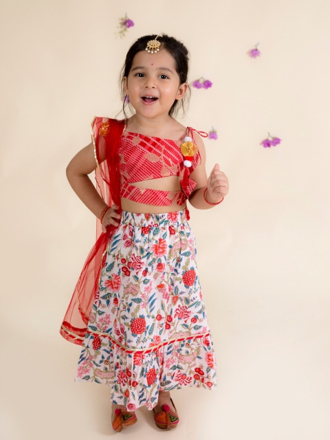 

pspeaches Girls Red & White Embroidered Ready to Wear Lehenga & Blouse With Dupatta