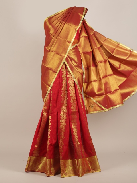 

Pothys Red & Gold Tissue Floral Print Dhavani Saree