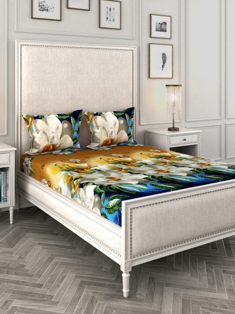

BELLA TRUE Brown & Blue Floral 144 TC Queen Bedsheet with 2 Pillow Covers