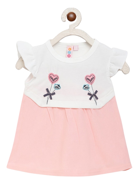 

Kids On Board Peach-Coloured & White Embroidered A-Line Dress