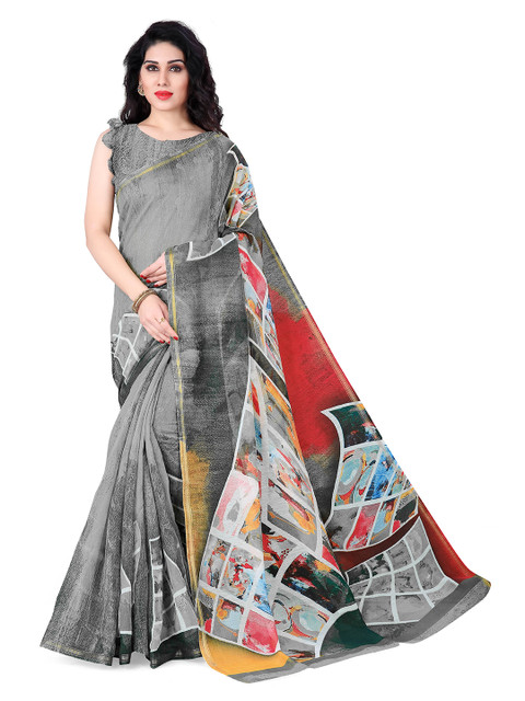

KALINI Grey & Multicolour Geometric Print Polycotton Saree
