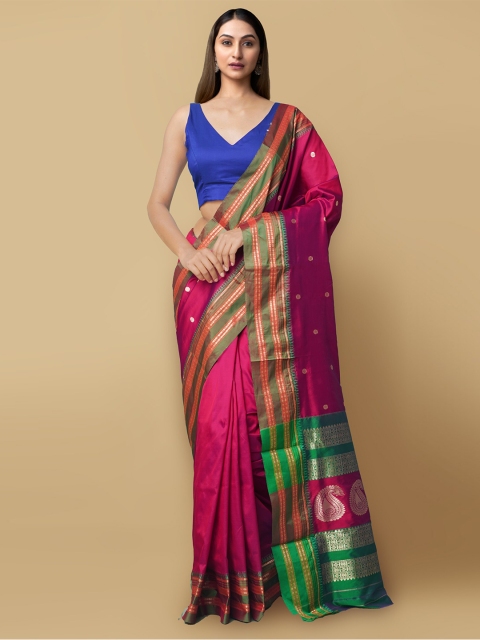 Unnati Silks Pink & Green Floral Zari Silk Cotton Handloom Narayan Peth Saree