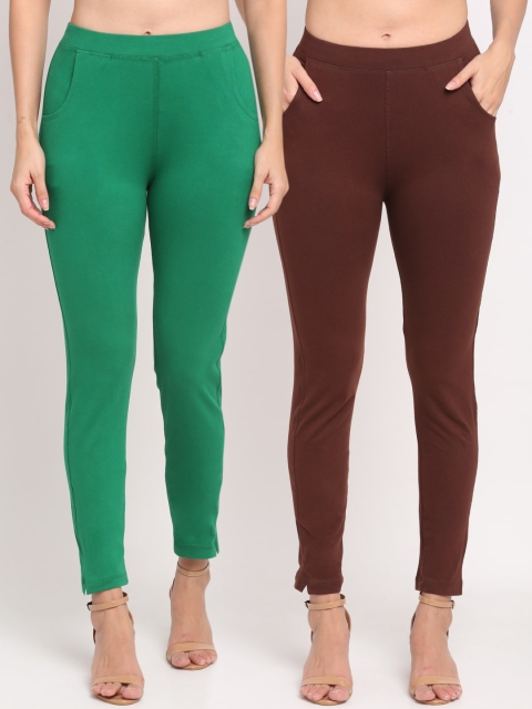 

NEUDIS Women Pack Of 2 Solid Ankle-Length Straight-Fit Leggings, Brown
