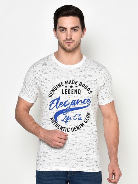 

ELEGANCE Men White & Blue Typography Printed Raw Edge T-shirt