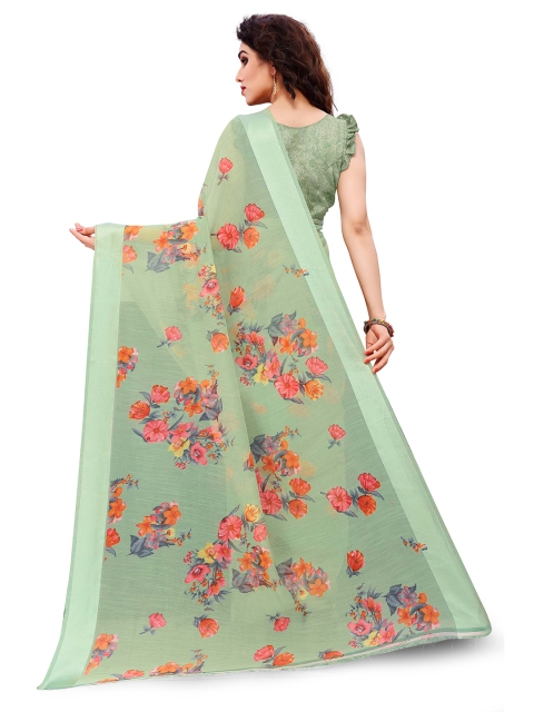 

KALINI Green & Orange Floral Print Bagh Saree With Unstitched Blouse