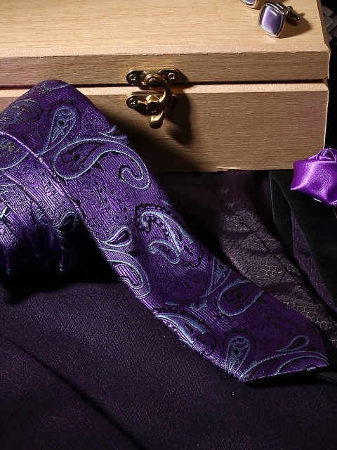 

LOUIS STITCH Men Purple & Black Woven Design Broad Tie