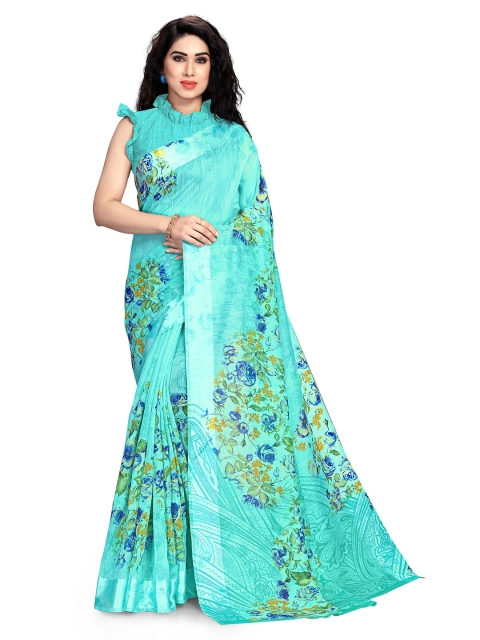 

KALINI Teal & Green Floral Print Bagh Saree With Unstitched Blouse
