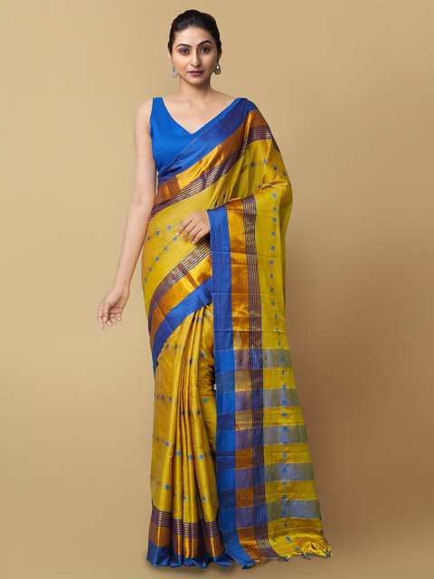 

Unnati Silks Green & Blue Ethnic Motifs Silk Cotton Handloom Narayan Peth Saree