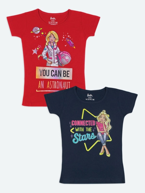

Barbie Girls Pack of 2 Red & Navy Blue Printed Extended Sleeves T-shirt