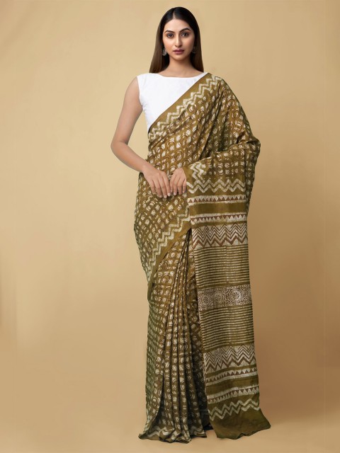 

Unnati Silks Women Olive Green & White Dabu Printed Rajasthani Soft Silk Saree