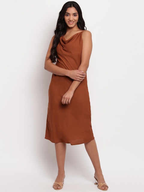 

OTORVA Brown Cowl Neck Crepe A-Line Midi Dress