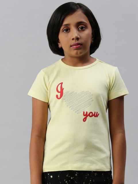 

Kryptic Girls Yellow Typography Printed Applique T-shirt