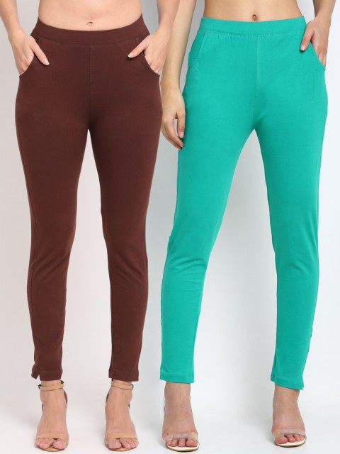 

NEUDIS Women Pack Of 2 Solid Ankle-Length Straight-Fit Leggings, Brown