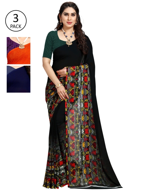 

KALINI Pack of 3 Orange & Black Poly Georgette Sarees