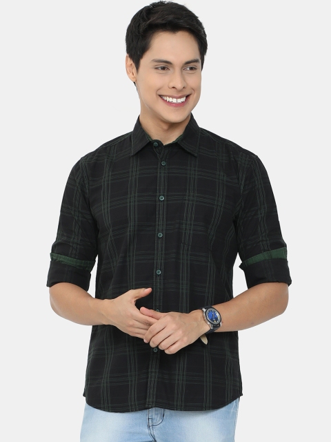 

HERE&NOW Men Black & Olive Green Tartan Checks Checked Slim Fit Casual Shirt