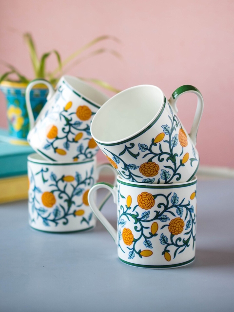Neerja White & Blue Printed 4-Pieces Ceramic Glossy Cups Set